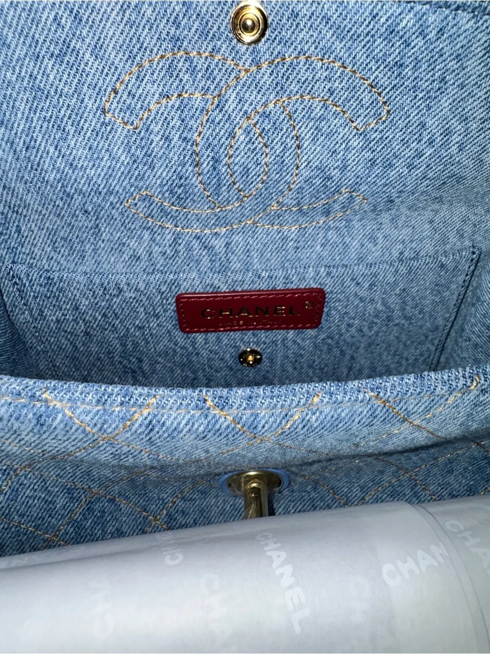 CHANEL 26B BLUE DENIM MINI FLAP BAG